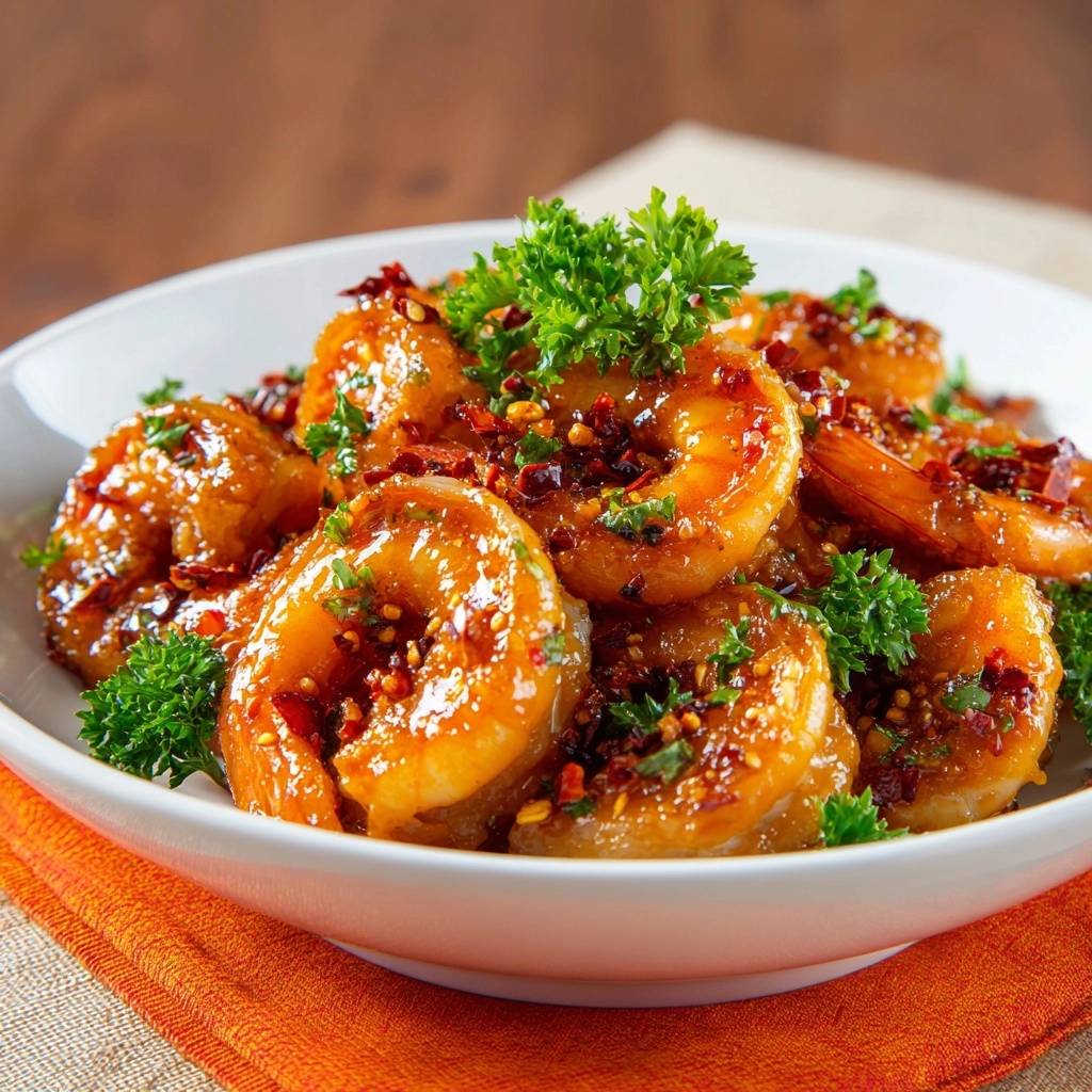 Glanzende Knoblauch Chili Garnelen Nahaufnahme Serviert 1 Glänzende Knoblauch-Chili-Garnelen in einer weißen Schüssel, garniert mit frischer Petersilie und Chili-Flocken, serviert.