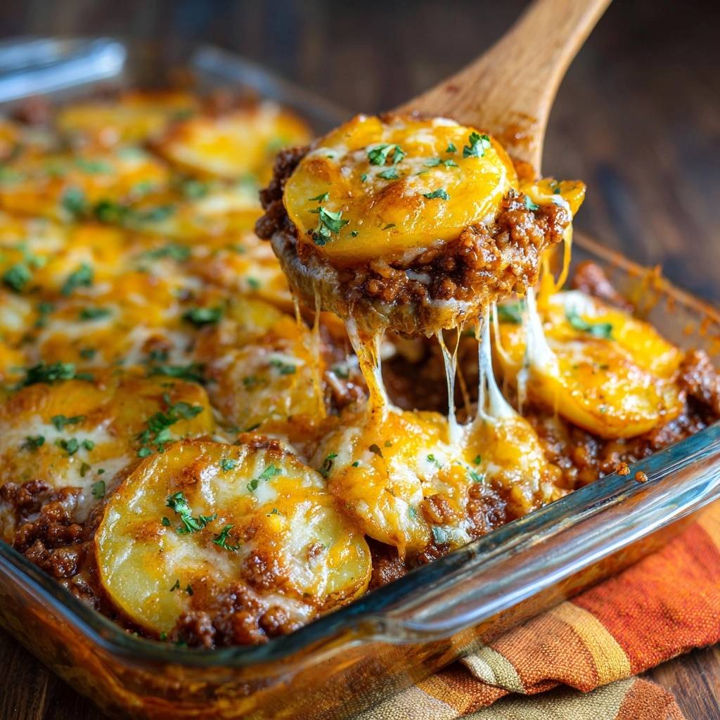 Hackfleisch Lasagne Schnitt Mit Kaese 1 Hackfleisch-Lasagne mit geschmolzenem Käse, der von einer hölzernen Servierkelle gezogen wird, zeigt die goldbraune Oberfläche.