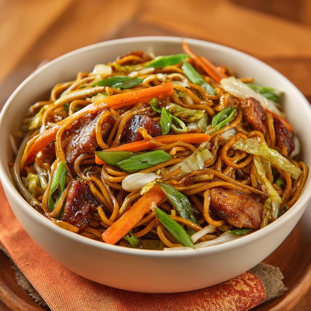 Hahnchen Chow Mein Nahaufnahme Serviert 1 Hähnchen Chow Mein in einer Schüssel serviert, mit Nahaufnahme von Nudeln, Gemüse und zartem Hähnchenfleisch. Ein leckeres Gericht für jeden Anlass.