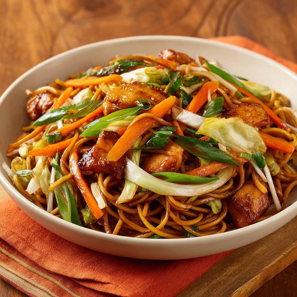 Hähnchen Chow Mein serviert in einer Schüssel, mit knackigem Gemüse und perfekt gegarten Nudeln angerichtet.