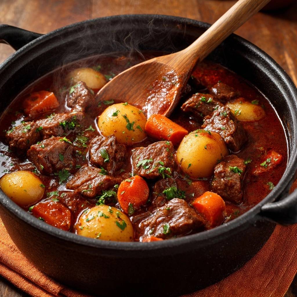 Herzhaftes Rindergulasch Mit Kartoffeln Nahaufnahme 1 Herzhaftes Rindergulasch mit Kartoffeln in einer Nahaufnahme, dampfend heiß serviert in einem schwarzen Topf mit einem Holzlöffel.