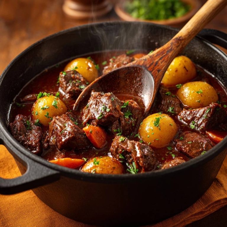 Herzhaftes Rindergulasch mit Kartoffeln in einer gusseisernen Pfanne, dampfend und mit einem Holzlöffel serviert. Die Nahaufnahme zeigt die zarten Fleischstücke und Kartoffeln.