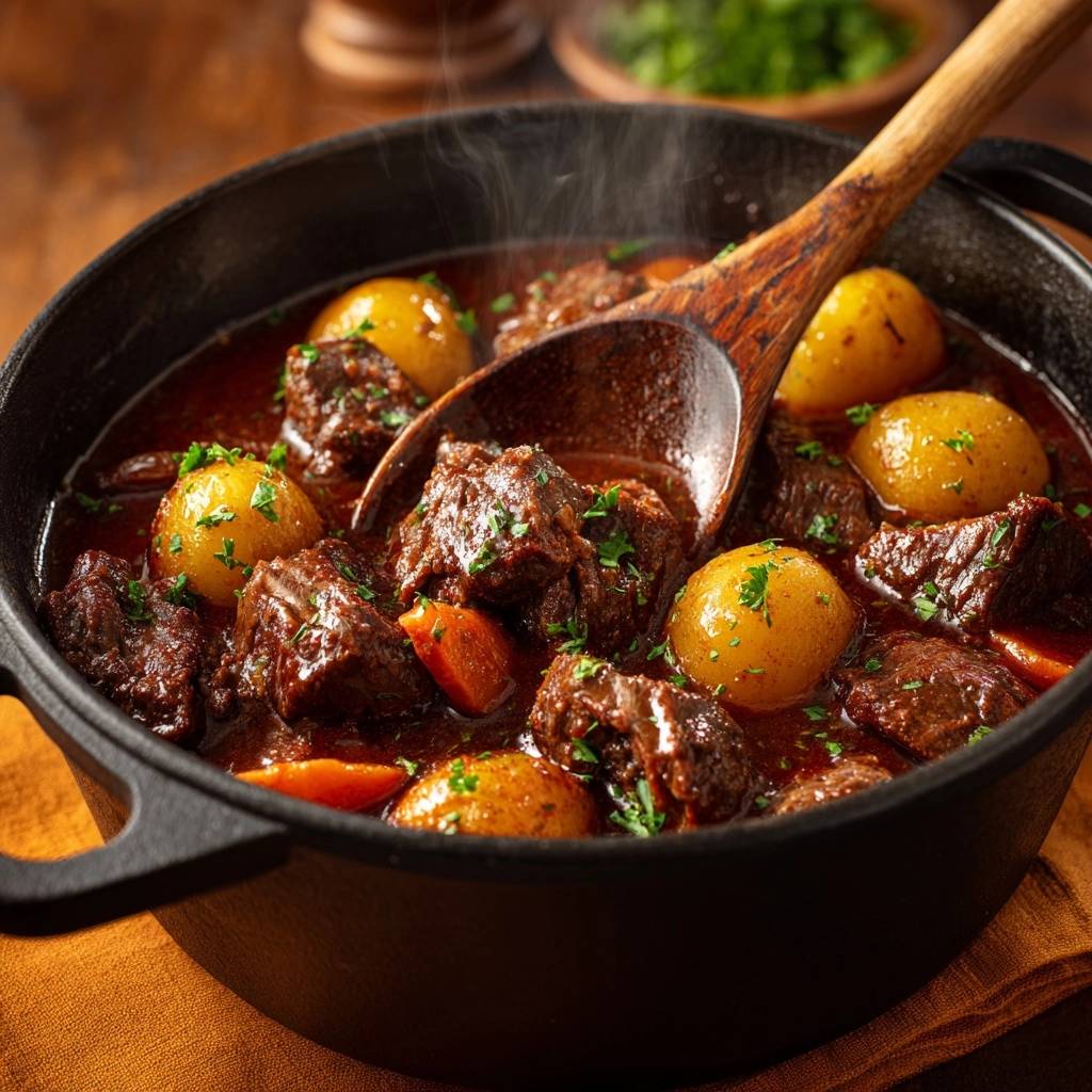 Herzhaftes Rindergulasch mit Kartoffeln in einer gusseisernen Pfanne, dampfend und mit einem Holzlöffel serviert. Die Nahaufnahme zeigt die zarten Fleischstücke und Kartoffeln.