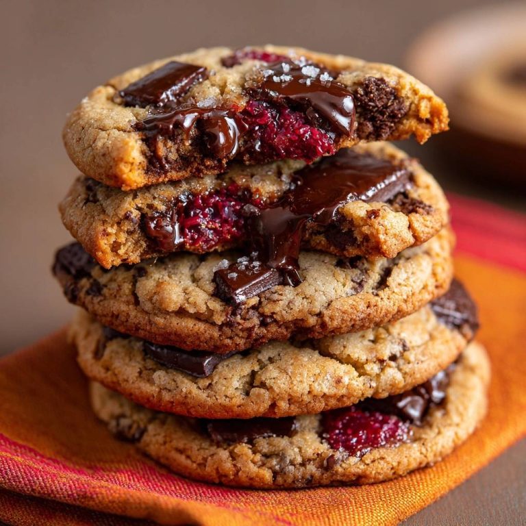 Himbeer-Dark-Chocolate-Cookies, angeschnitten mit geschmolzener Schokolade und Himbeeren, Nahaufnahme