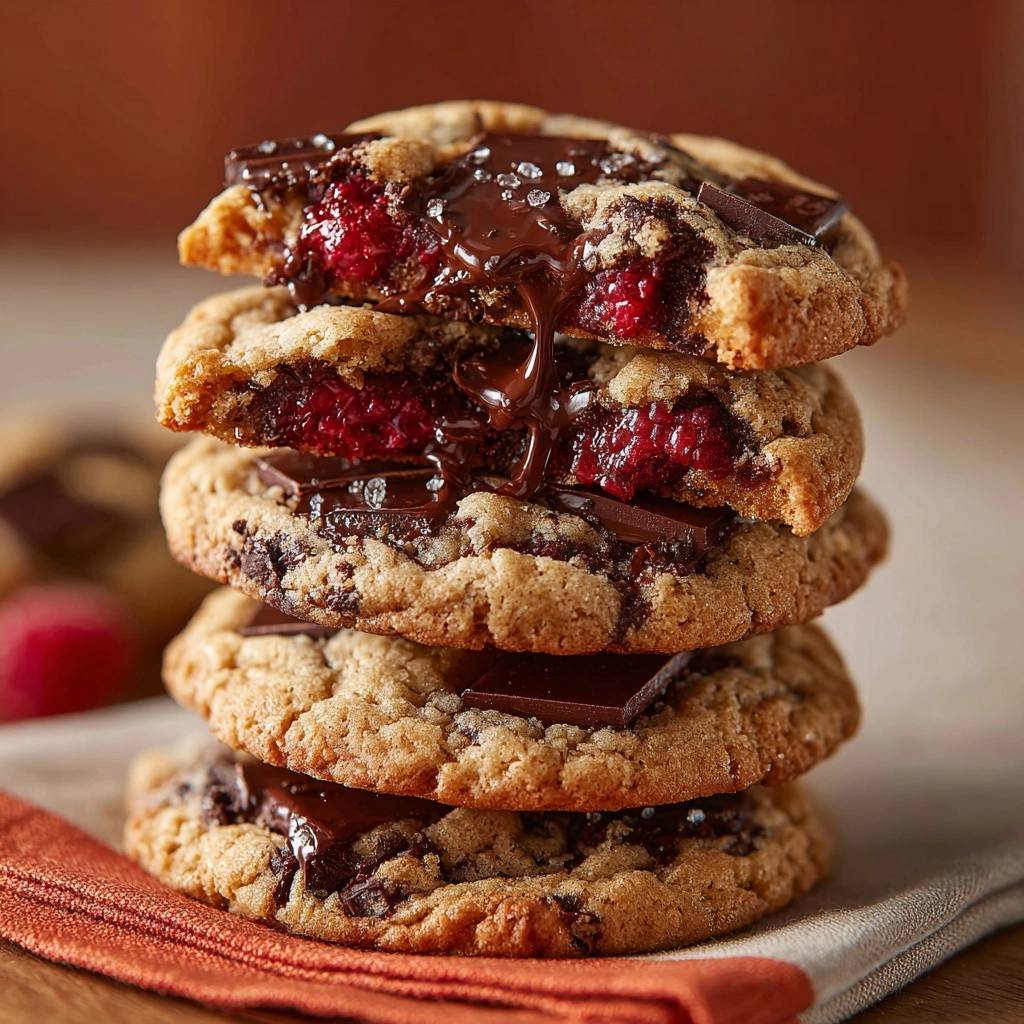 Himbeer Dark Chocolate Cookies Stapel Angeschnitten 1 Himbeer-Dark-Chocolate-Cookies als Stapel angeschnitten, mit geschmolzener Schokolade und frischen Himbeeren im Inneren.