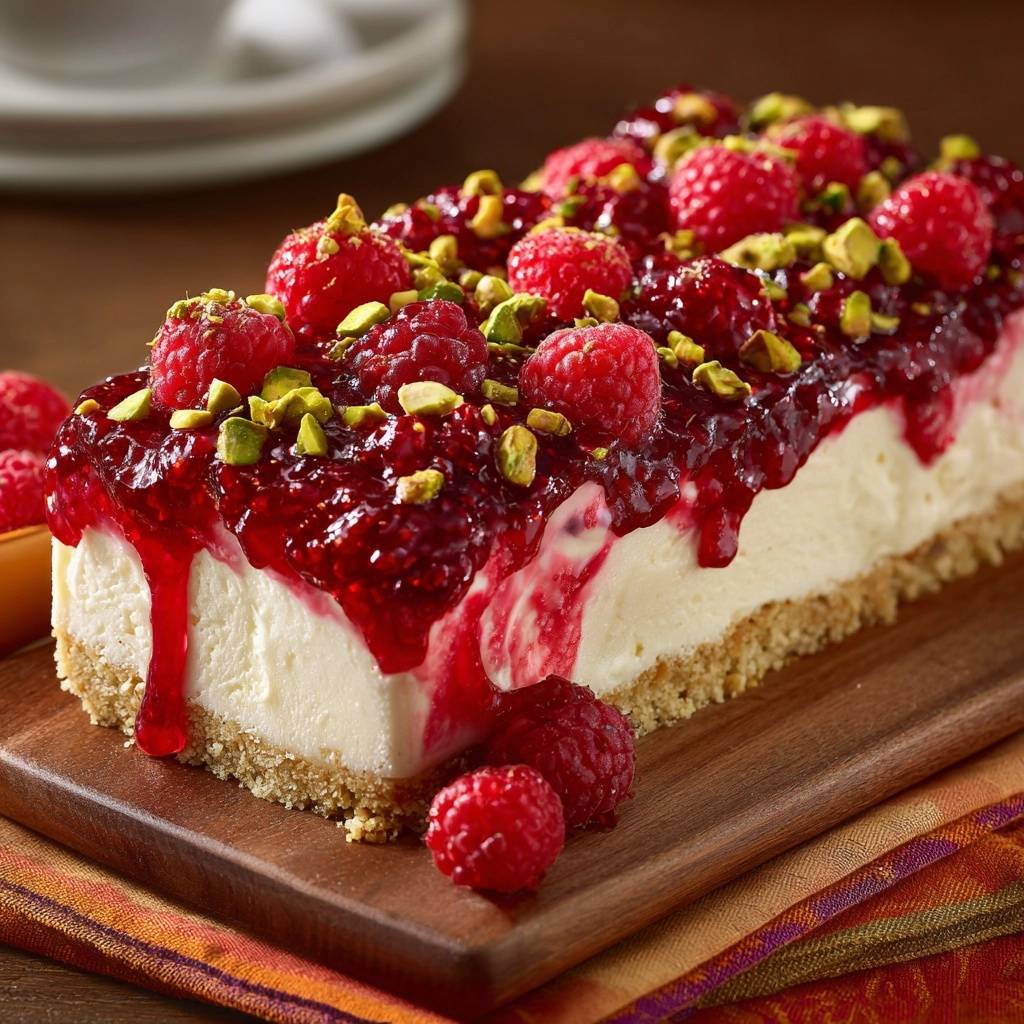 Himbeer-Pistazien-Cheesecake in Nahaufnahme, garniert mit frischen Himbeeren und gehackten Pistazien auf einer Holzplatte serviert.
