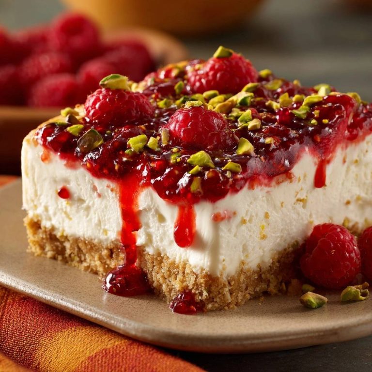 Himbeer-Pistazien-Cheesecake in Nahaufnahme, ein Stück mit Anschnitt, garniert mit frischen Himbeeren und Pistazien. Die hausgemachte Himbeersoße läuft am Cheesecake herunter.
