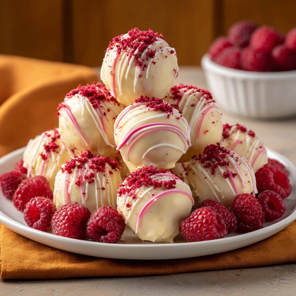 Himbeer-Weißschokoladen-Trüffel auf einem weißen Teller serviert, mit frischen Himbeeren dekoriert und in einer Pyramidenform angeordnet.