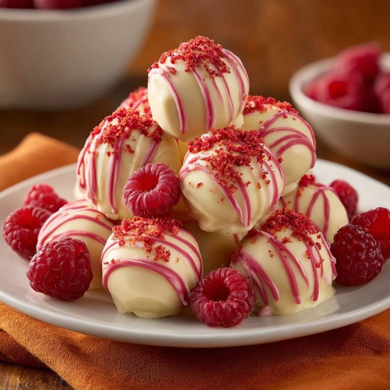 Himbeer-Weißschokoladen-Trüffel auf einem weißen Teller serviert, dekoriert mit frischen Himbeeren und einem roten Krümel-Topping.