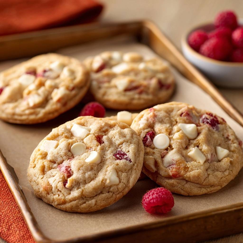 Himbeer-Weiße-Schokoladen-Cookies in Nahaufnahme auf einem Backblech, mit frischen Himbeeren und weißen Schokoladenstückchen. Die hausgemachten Kekse sind frisch gebacken.