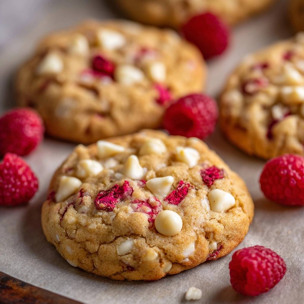 Himbeer-Weiße-Schokoladen-Cookies in Nahaufnahme mit frischen Himbeeren und weißen Schokoladenstückchen, perfekt gebacken und bereit zum Genießen.