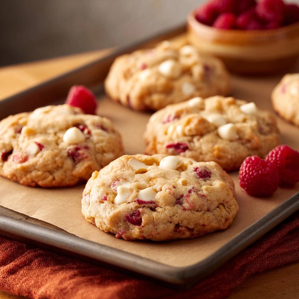Himbeer-Weiße-Schokoladen-Cookies in Nahaufnahme auf einem Backblech, mit frischen Himbeeren und weißer Schokolade. Die perfekt gebackenen Cookies sind ein Genuss.