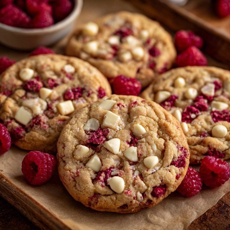 Himbeer-Weiße-Schokoladen-Cookies in Nahaufnahme mit frischen Himbeeren und weißen Schokoladenstückchen, auf einem Tablett serviert.