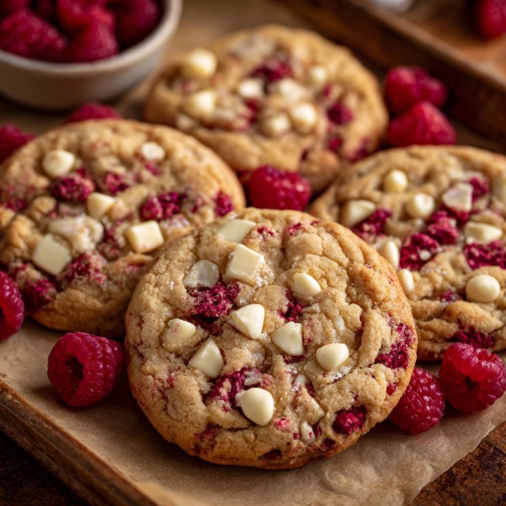 Himbeer-Weiße-Schokoladen-Cookies in Nahaufnahme mit frischen Himbeeren und weißen Schokoladenstückchen, auf einem Tablett serviert.