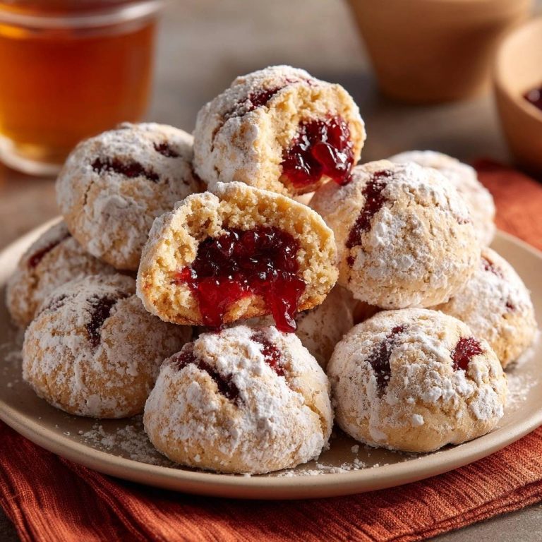 Himbeergefüllte Puderzucker-Daumenkuchen mit einem köstlichen, angeschnittenen Exemplar, das die fruchtige Marmeladenfüllung zeigt.
