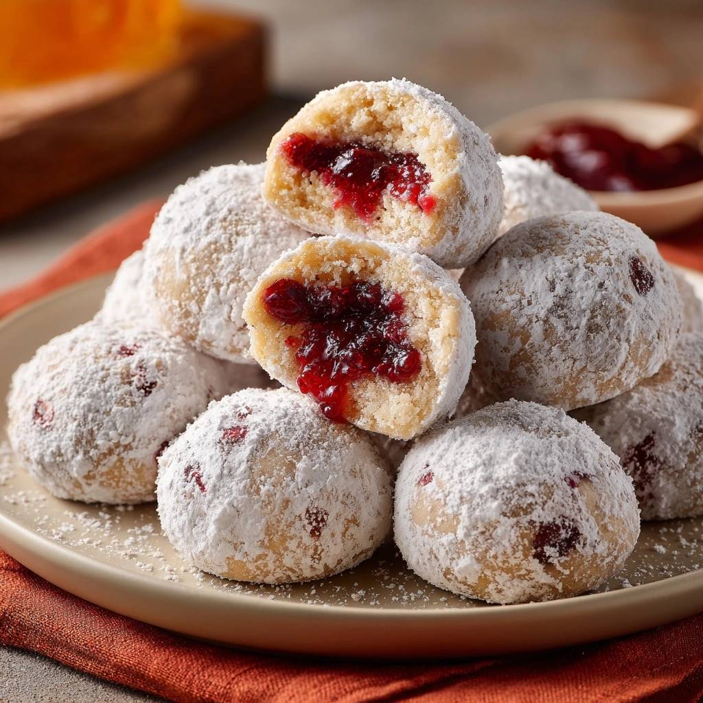 Himbeergefuellte Puderzucker Daumenkuchen Querschnitt Nahauf 1 Himbeergefüllte Puderzucker-Daumenkuchen in Nahaufnahme zeigen einen köstlichen Querschnitt mit leuchtender Himbeermarmelade und puderzuckerbestäubter Kruste.