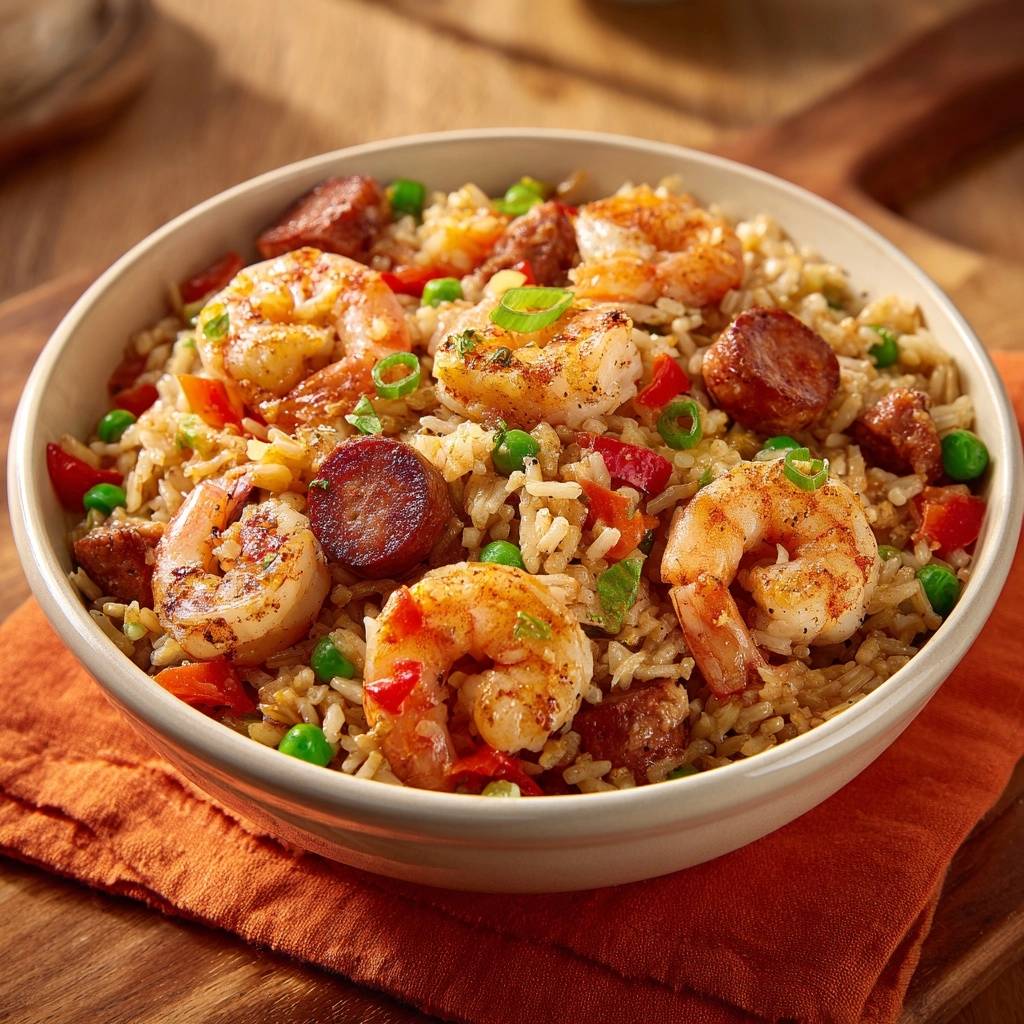 Jambalaya Mit Garnelen Und Wurst Draufsicht 1 Jambalaya mit Garnelen und Wurst in einer Schüssel, serviert von oben, mit saftigen Garnelen und Wurststückchen auf fluffigem Reis.