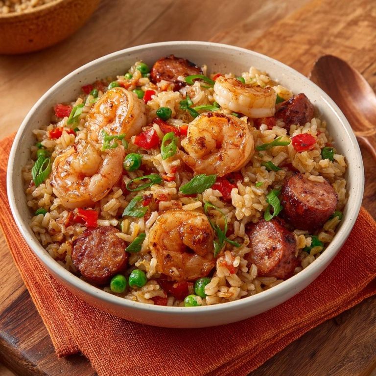 Jambalaya mit Garnelen und Wurst in einer Schüssel, serviert von oben, mit saftigen Garnelen und Wurstscheiben, die auf dem fluffigen Reis liegen.