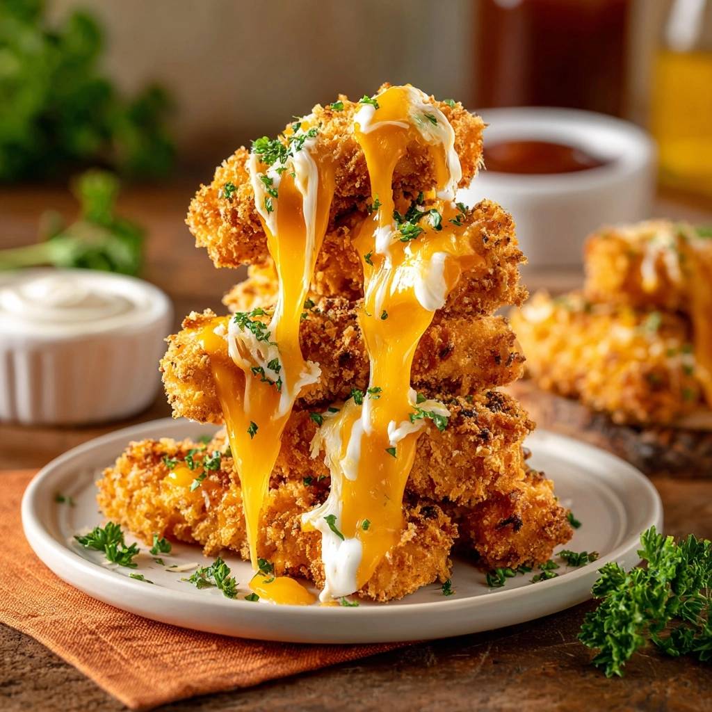 Kaesegefuellte Haehnchen Nuggets Detail Mit Kaesefluss 1 Knusprige Käsegefüllte Hähnchen-Nuggets mit geschmolzenem Käse und Kräutern, auf einem Teller serviert.