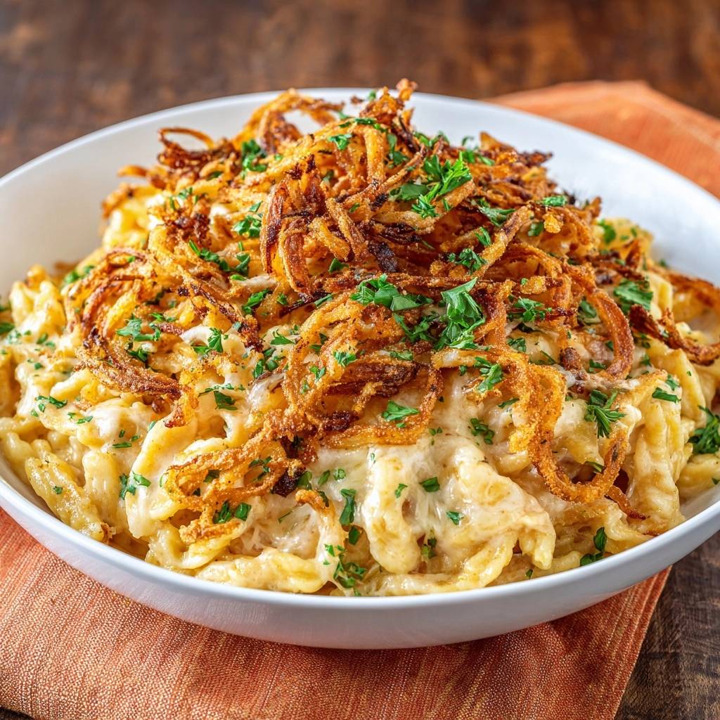 Kaesespaetzle Mit Knusprigen Zwiebeln Draufsicht 1 Käsespätzle mit knusprigen Zwiebeln in einer weißen Schüssel, von oben betrachtet und mit frischer Petersilie garniert.