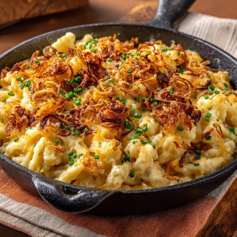 Käsespätzle mit knusprigen Zwiebeln und Schnittlauch, serviert in einer schwarzen Gusseisenpfanne auf einem karierten Tuch.