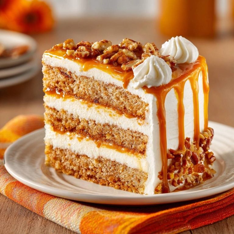 Karottenkuchen mit Karamell und Pekannüssen – saftig! Eine Nahaufnahme zeigt den köstlichen Querschnitt dieses saftigen Kuchens mit Karamellglasur.