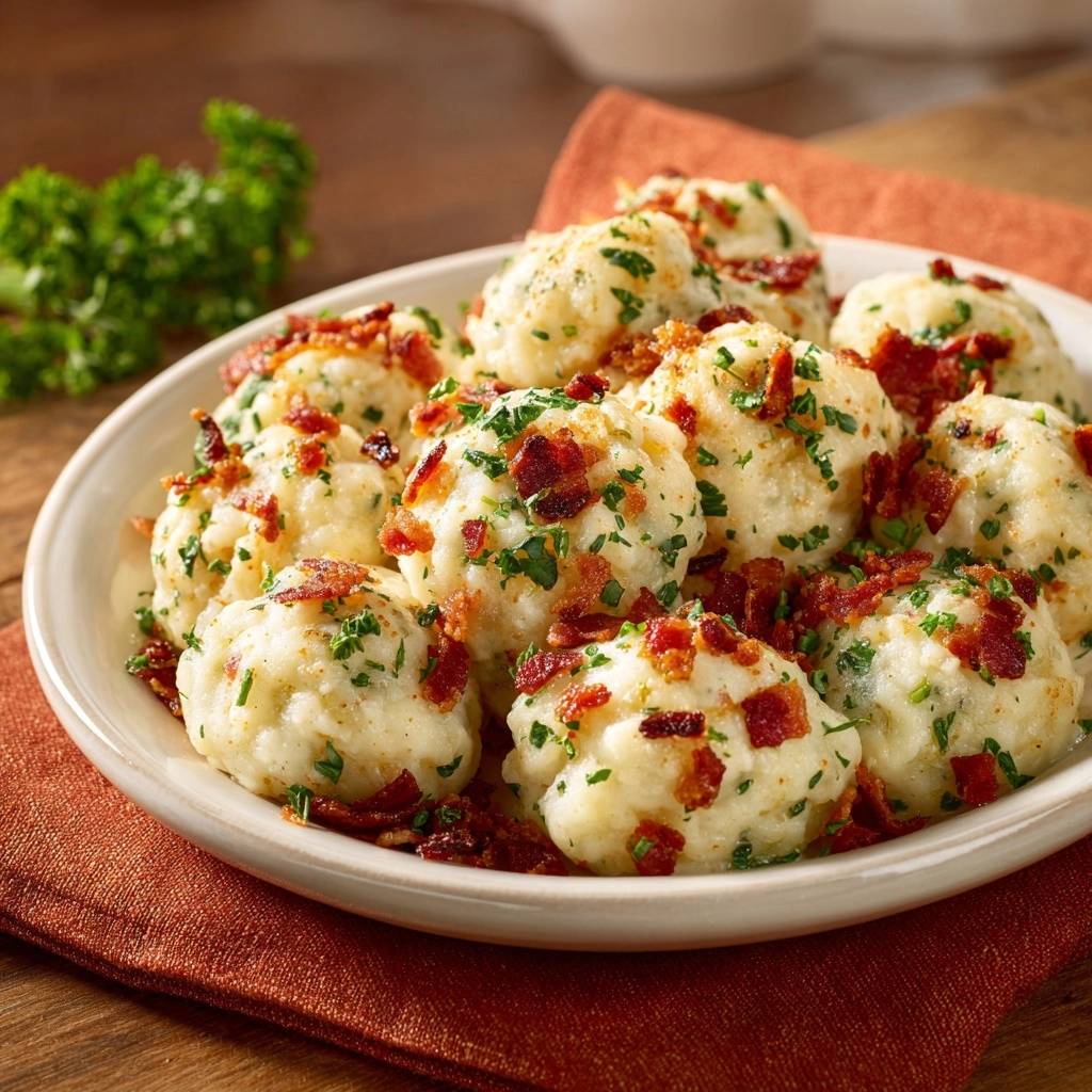 Kartoffelknödel mit knusprigem Speck, serviert in einer Schüssel, garniert mit frischer Petersilie und knusprigen Speckstückchen.