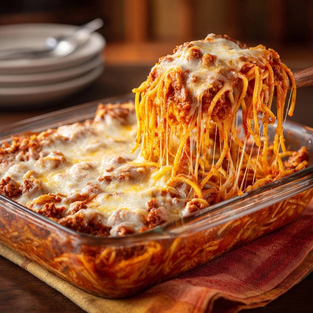 Kaseuberbackener Spaghetti Hack Auflauf Auf Dem Loeffel 1 Käseüberbackener Spaghetti-Hack-Auflauf mit geschmolzenem Käse, der von einem Holzlöffel abgehoben wird, wodurch die Spaghetti sichtbar werden.