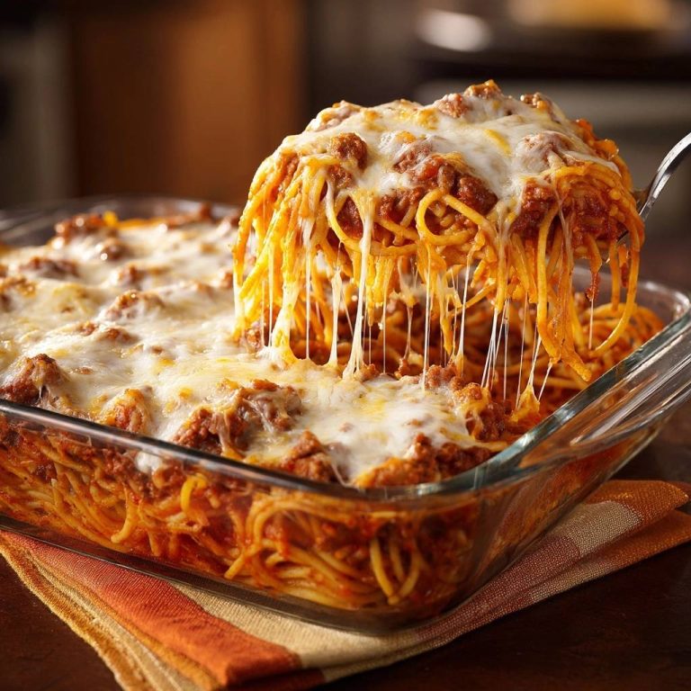 Käseüberbackener Spaghetti-Hack-Auflauf mit geschmolzenem Käse, der sich zu langen Fäden zieht, serviert in einer Glasform.