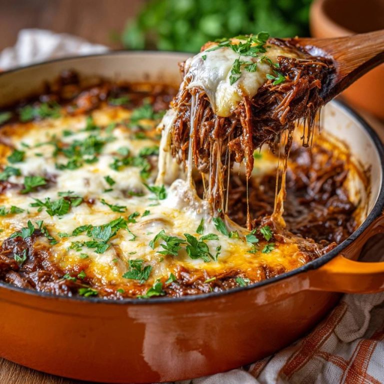 Käseüberbackenes Pulled Rindfleisch in Nahaufnahme, wobei der geschmolzene Käse lange Fäden zieht, die an der Holzkelle haften.