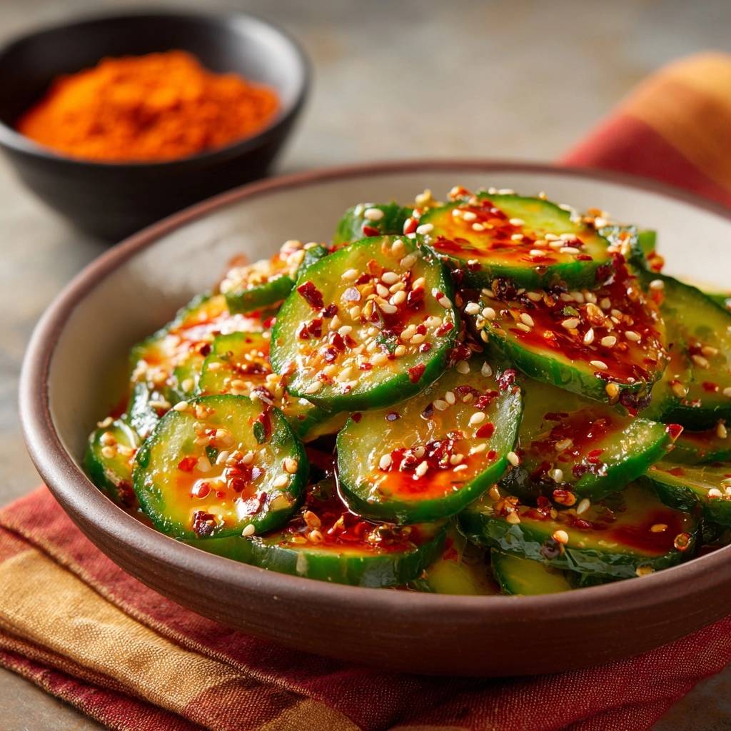 Knackige Gochujang Gurken Draufsicht Serviert 1 Knackige Gochujang-Gurken in einer Schüssel serviert, garniert mit Sesam und Chiliflocken, von oben fotografiert.