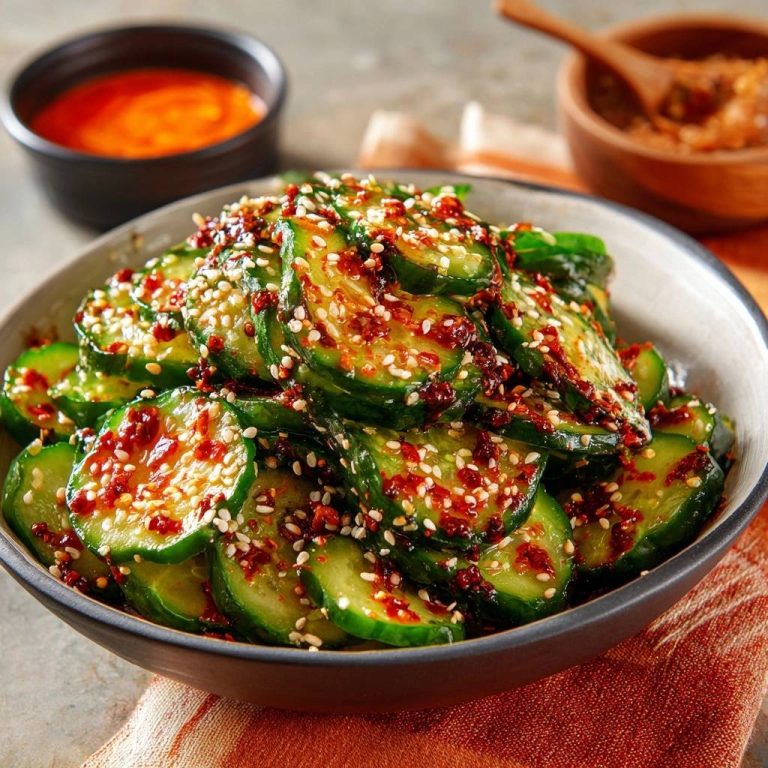 Knackige Gochujang-Gurken sind in einer Schüssel serviert und mit Sesam und Gochujang-Flocken garniert, eine Nahaufnahme.
