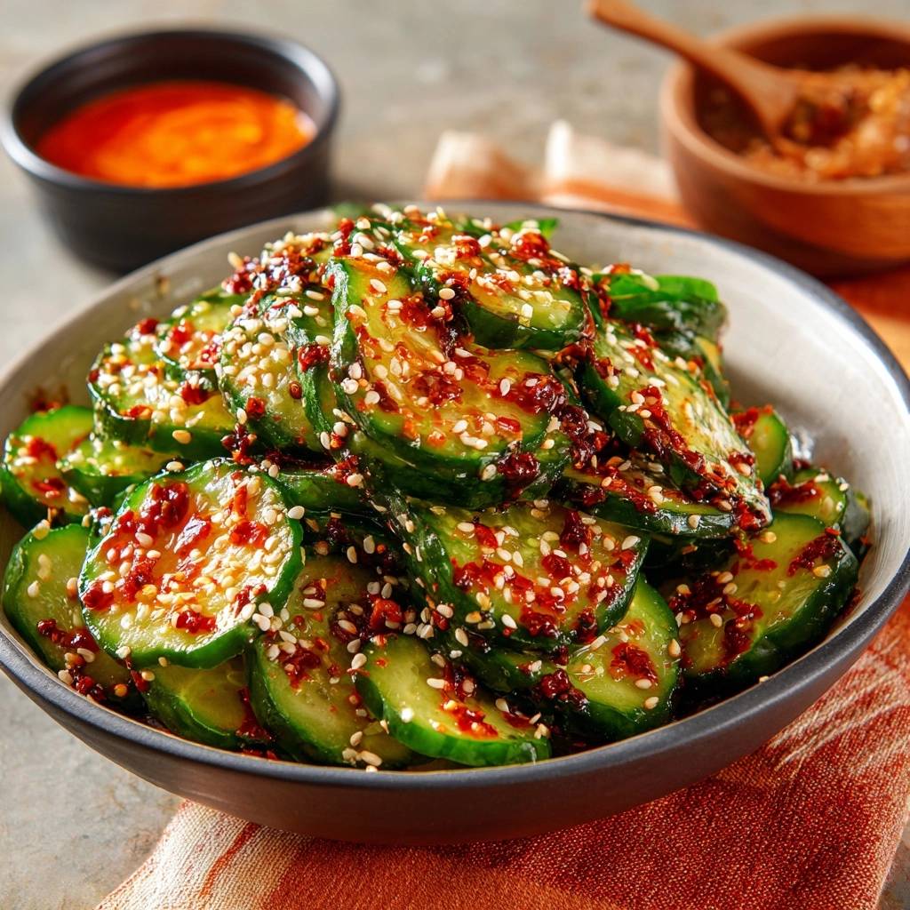 Knackige Gochujang-Gurken sind in einer Schüssel serviert und mit Sesam und Gochujang-Flocken garniert, eine Nahaufnahme.