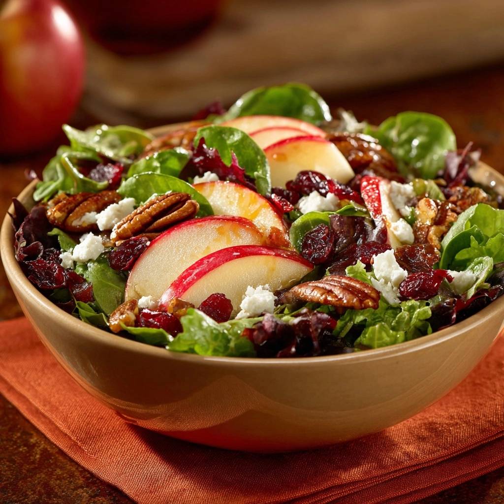 Knackiger Apfel Pekan Salat Mit Cranberries Und Feta Nahaufn 1 Knackiger Apfel-Pekan-Salat mit Cranberries und Feta in Nahaufnahme, mit frischen Apfelscheiben, Ziegenkäse und Pekannüssen angerichtet.