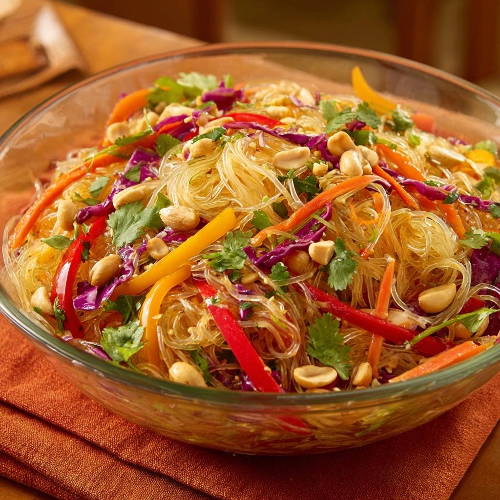 Knackiger Glasnudelsalat mit buntem Gemüse, serviert in einer großen Glasschüssel, von oben betrachtet. Der Salat ist mit Erdnüssen und frischen Kräutern garniert.