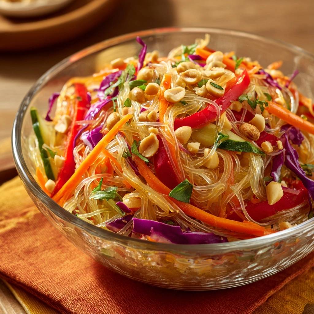 Knackiger Glasnudelsalat mit Erdnüssen, Nahaufnahme der Garnitur aus Erdnüssen und frischen Kräutern.