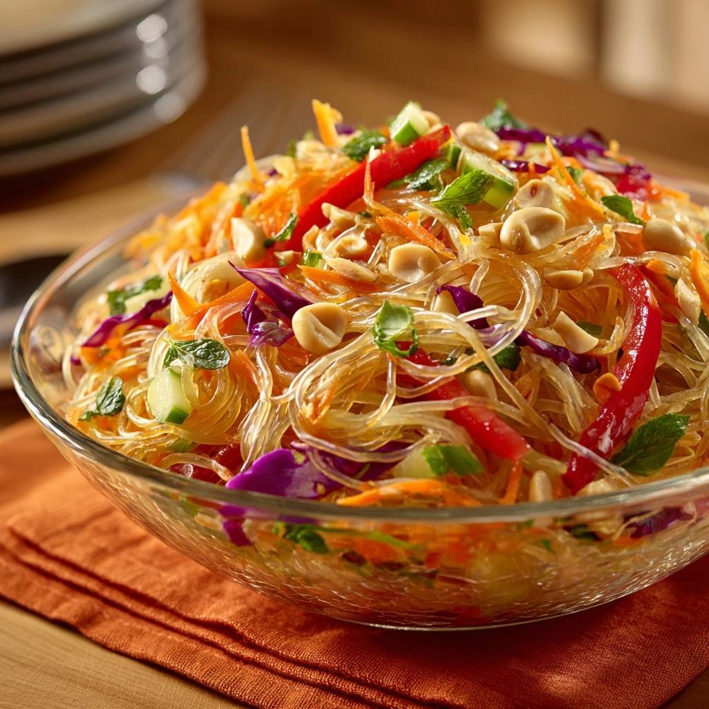 Knackiger Glasnudelsalat mit Erdnüssen, eine Nahaufnahme der frischen Zutaten und Glasnudeln in einer Schüssel.