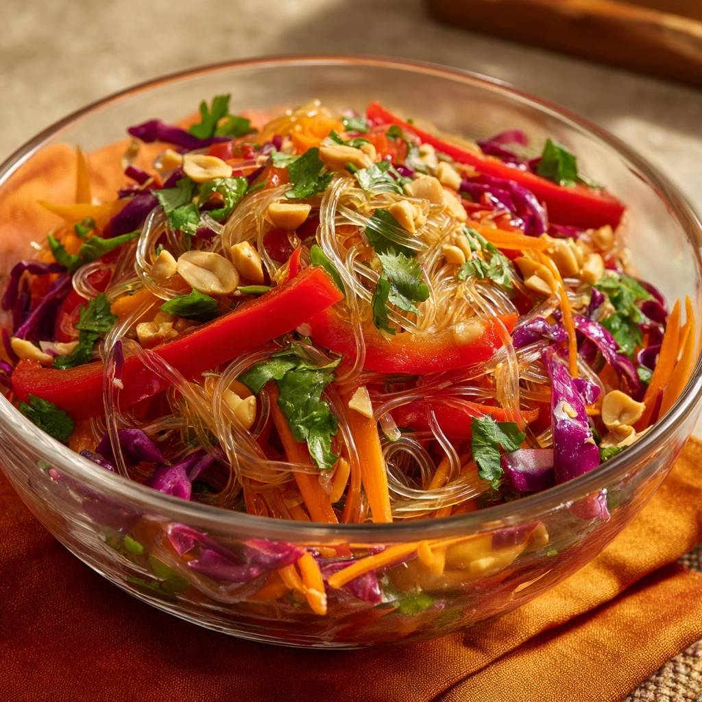 Knackiger Glasnudelsalat Mit Gemuese Draufsicht 1 Knackiger Glasnudelsalat mit buntem Gemüse in einer Glasschüssel, aus der Vogelperspektive fotografiert, mit frischen Zutaten.