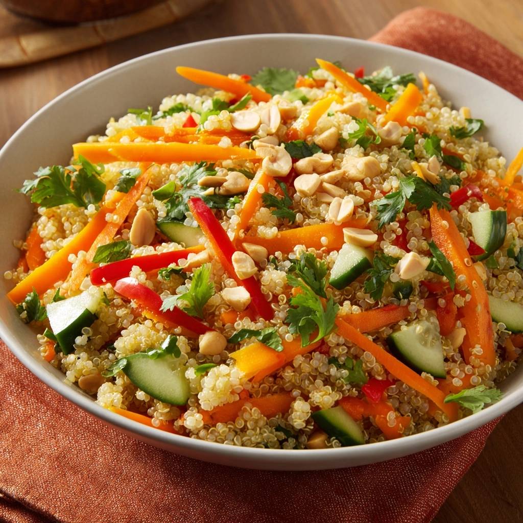 Knackiger Quinoa-Gemüsesalat mit Erdnüssen, von oben gesehen, mit frischem Gemüse, Erdnüssen und Kräutern in einer hellen Schüssel serviert.