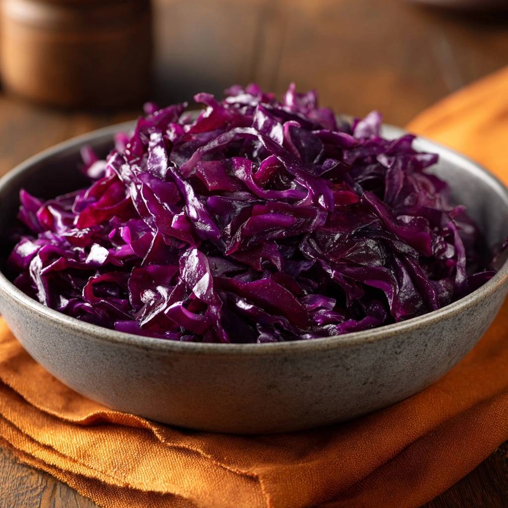 Knackiger Rotkohl In Schale Draufsicht 1 Knackiger Rotkohl in einer Schale serviert, mit einer Nahaufnahme der leuchtend violetten Farbe und der zarten Textur.