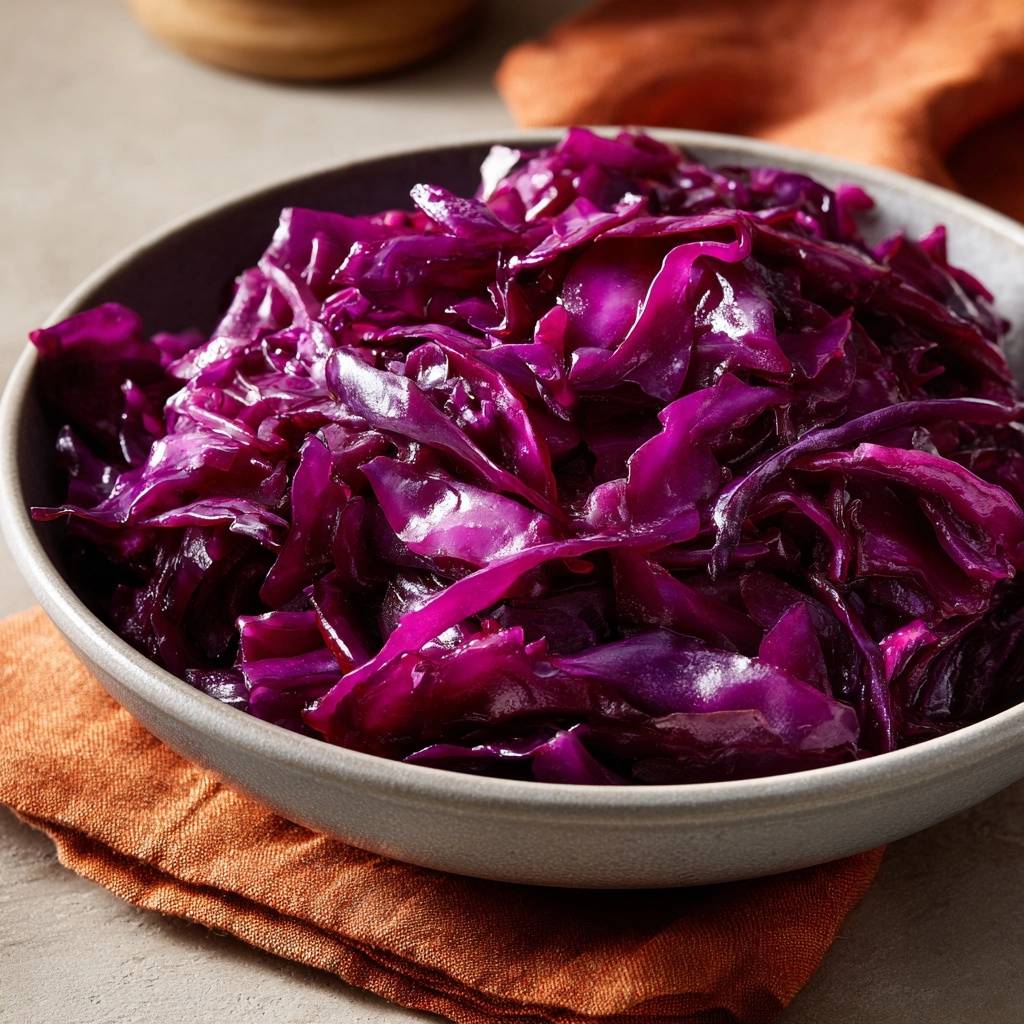 Knackiger Rotkohl in einer grauen Schüssel, serviert und von oben fotografiert, mit leuchtend violetten Kohlblättern.