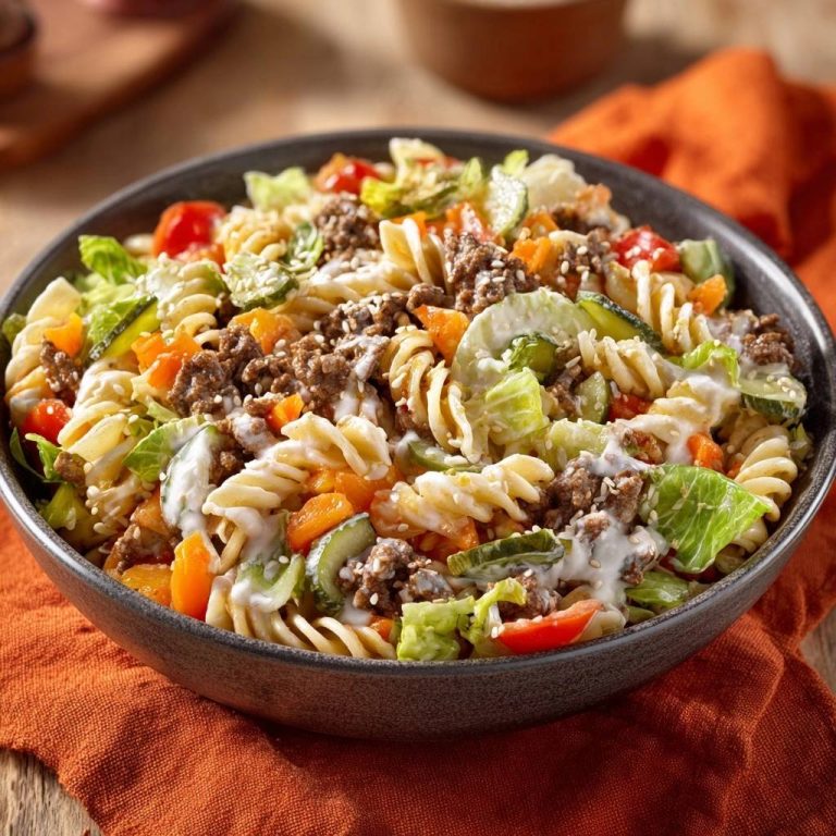 Knackiger Sesam-Hack-Pasta-Salat in einer Schüssel von oben gesehen, mit frischem Gemüse und cremiger Sauce beträufelt.