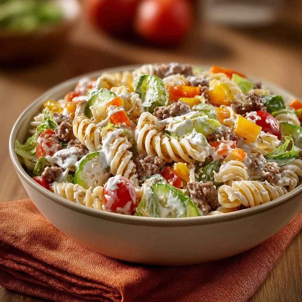 Knackiger Sesam Hack Pasta Salat Nahaufnahme 1 Knackiger Sesam-Hack-Pasta-Salat in einer Nahaufnahme, der die frischen Zutaten und die cremige Sauce zeigt. Der leckere Salat wird in einer Schüssel serviert.