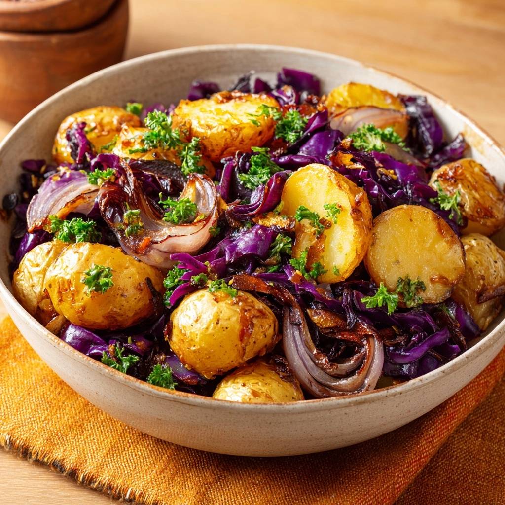 Knusprige Babykartoffeln Mit Rotkohl Draufsicht 1 Knusprige Babykartoffeln mit Rotkohl und Zwiebeln in einer Schüssel, garniert mit frischer Petersilie, aus der Vogelperspektive.