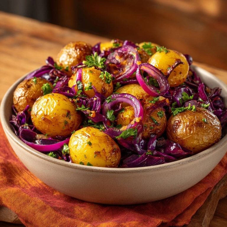 Knusprige Babykartoffeln mit Rotkohl und Zwiebeln in einer Schüssel aus nächster Nähe betrachtet, angerichtet und garniert mit frischer Petersilie.