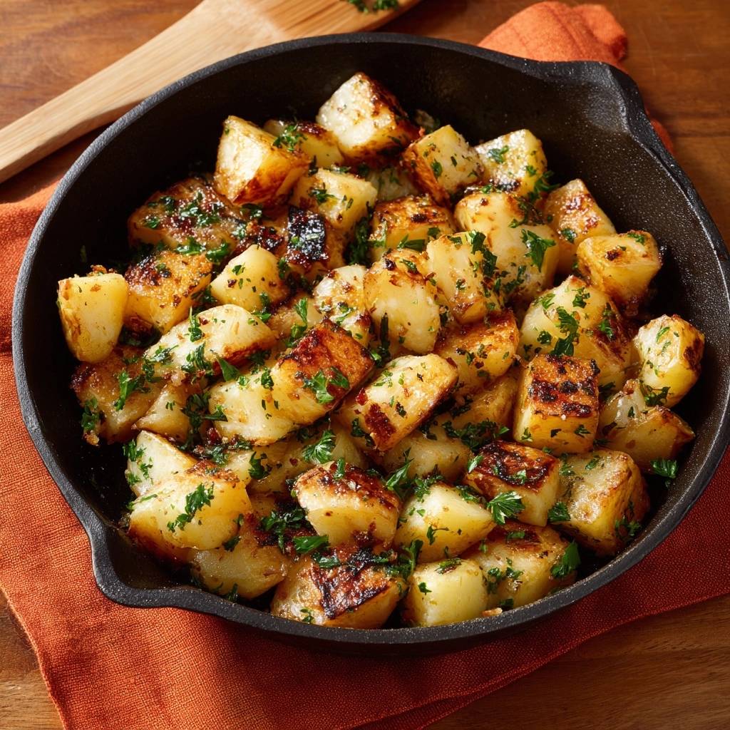 Knusprige Bratkartoffeln Draufsicht Serviert 1 Knusprige Bratkartoffeln, serviert in einer gusseisernen Pfanne, garniert mit frischer Petersilie. Die goldbraunen Kartoffelwürfel sehen appetitlich aus.