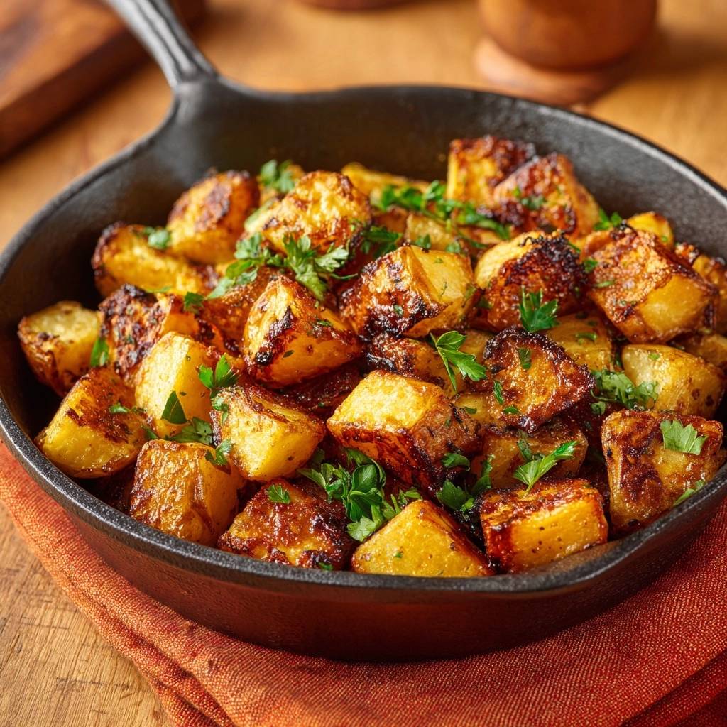 Knusprige Bratkartoffeln, serviert in einer gusseisernen Pfanne, sind mit frischer Petersilie garniert. Die goldbraunen Kartoffelwürfel sind appetitlich angerichtet.