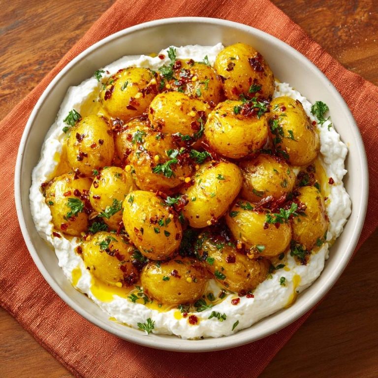 Knusprige Chili-Babykartoffeln auf cremigem Dip in einer Schüssel, serviert von oben mit frischer Petersilie und Chili-Flocken garniert.