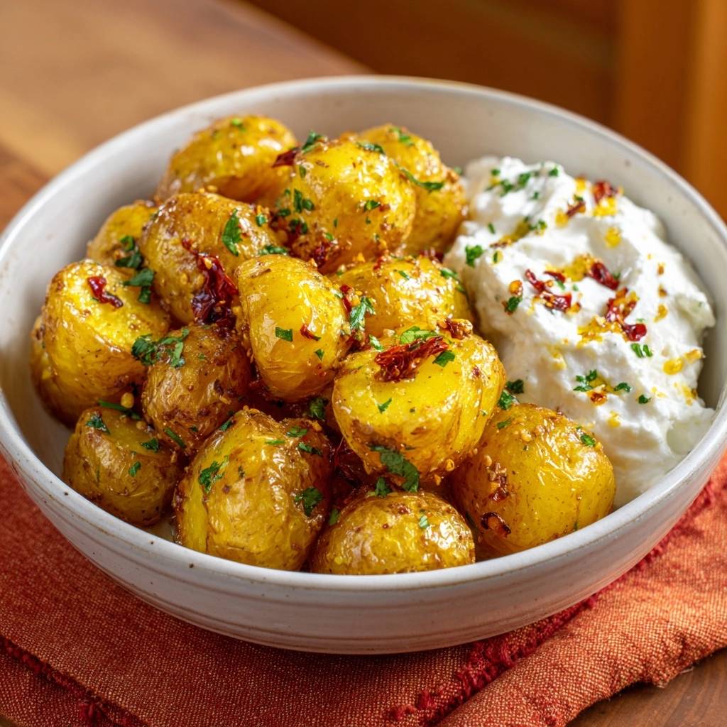 Knusprige Chili-Babykartoffeln serviert in einer Schüssel, mit cremigem Dip und frischen Kräutern garniert. Ein köstliches vegetarisches Gericht.