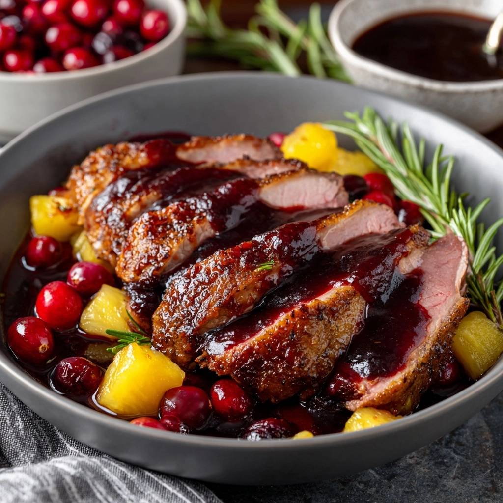 Knusprige Entenbrust mit Cranberry-Ananas-Soße, serviert in einer Schüssel mit frischen Cranberries und Ananasstücken, drapiert mit Soße.